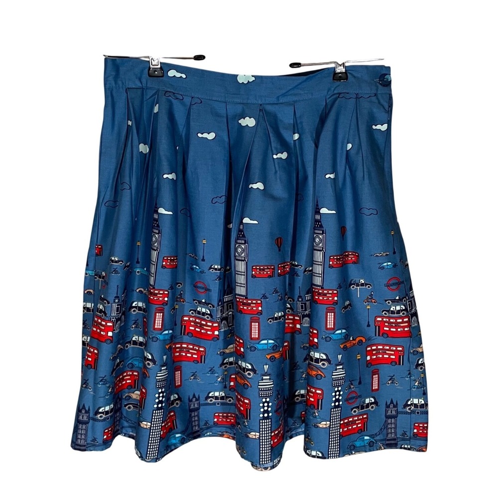 Grace Karin London Cityscape Pleated Skirt Blue Red Lg Whimsical 50s Swing Style